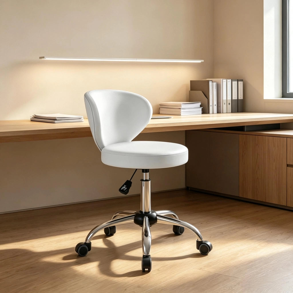 Chaise de bureau girevole con schienale curvo, altezza regolabile, seduta imbottita in PU bianco