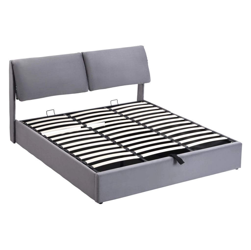 Letto imbottito 160x200 cm in velluto grigio con contenitore; 3 cassetti e testiera regolabile