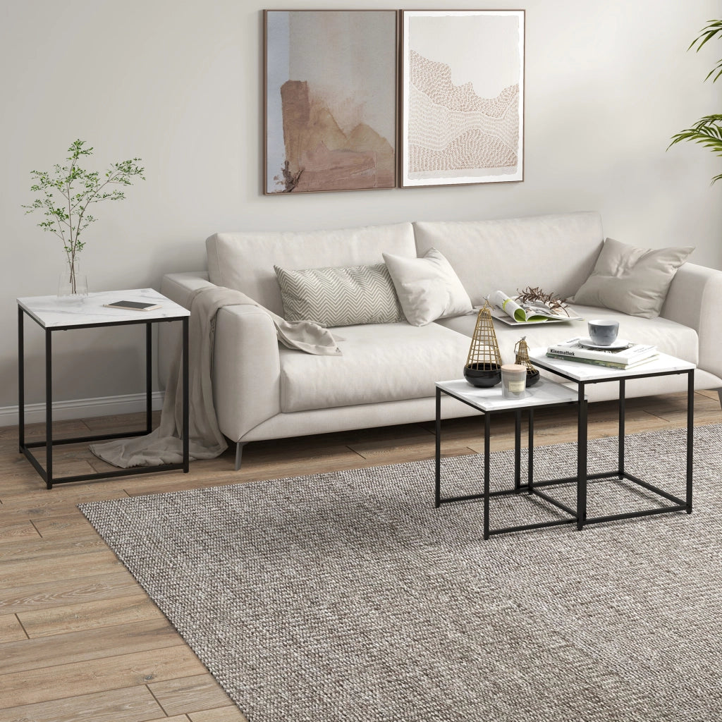 Tavolino nido 3 pezzi con effetto marmo e telaio in acciaio ¨C zephmum ¨C bianco