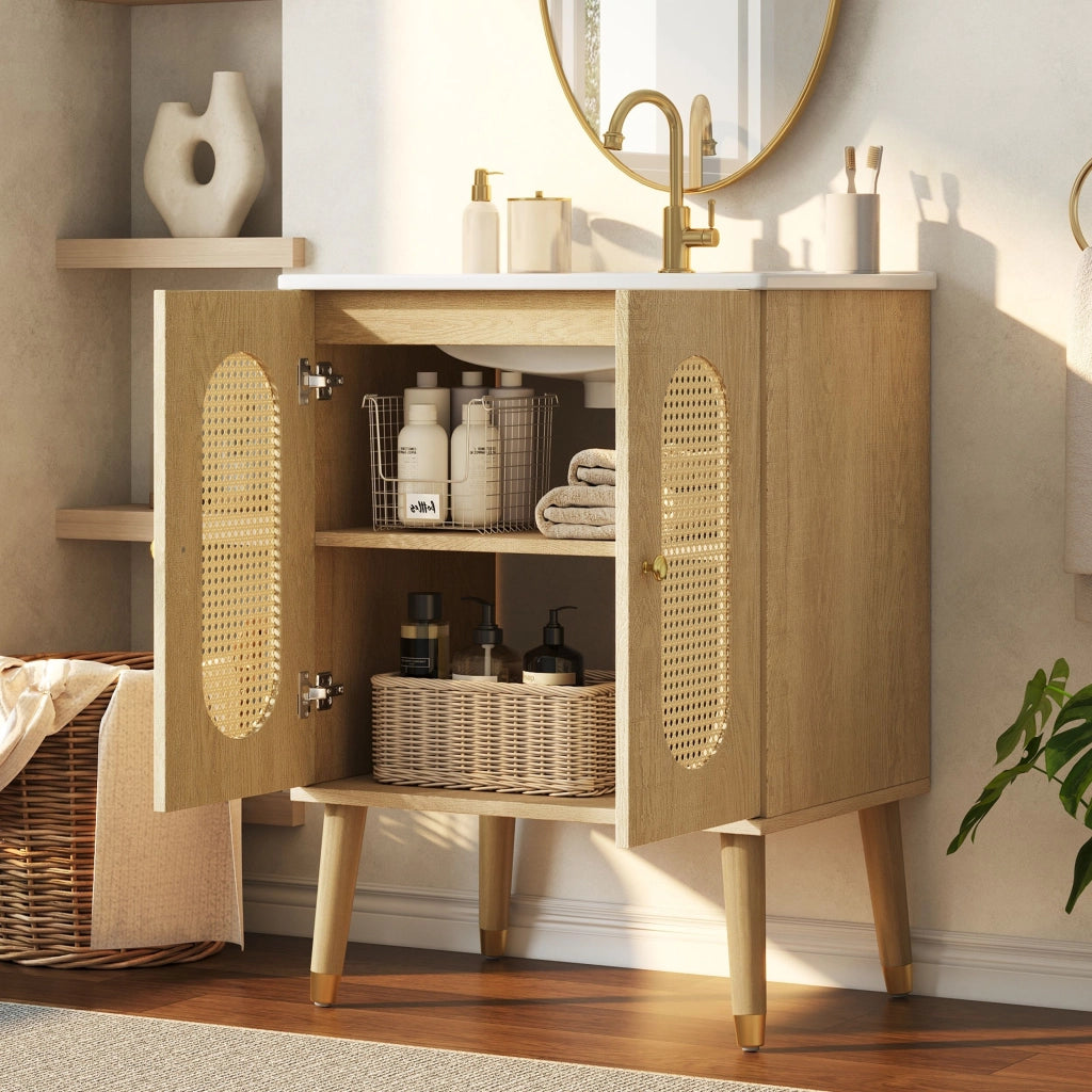 Mobile da bagno con lavabo in ceramica, ante in vimini traspiranti, ripiani portaoggetti, rubinetti non inclusi,colore del legno naturale e bianco