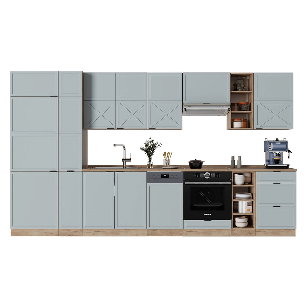 Cucina componibile Fame-Line Blu-grigio chiaro/Rovere dorato 355 cm, PL Marmo Vicco