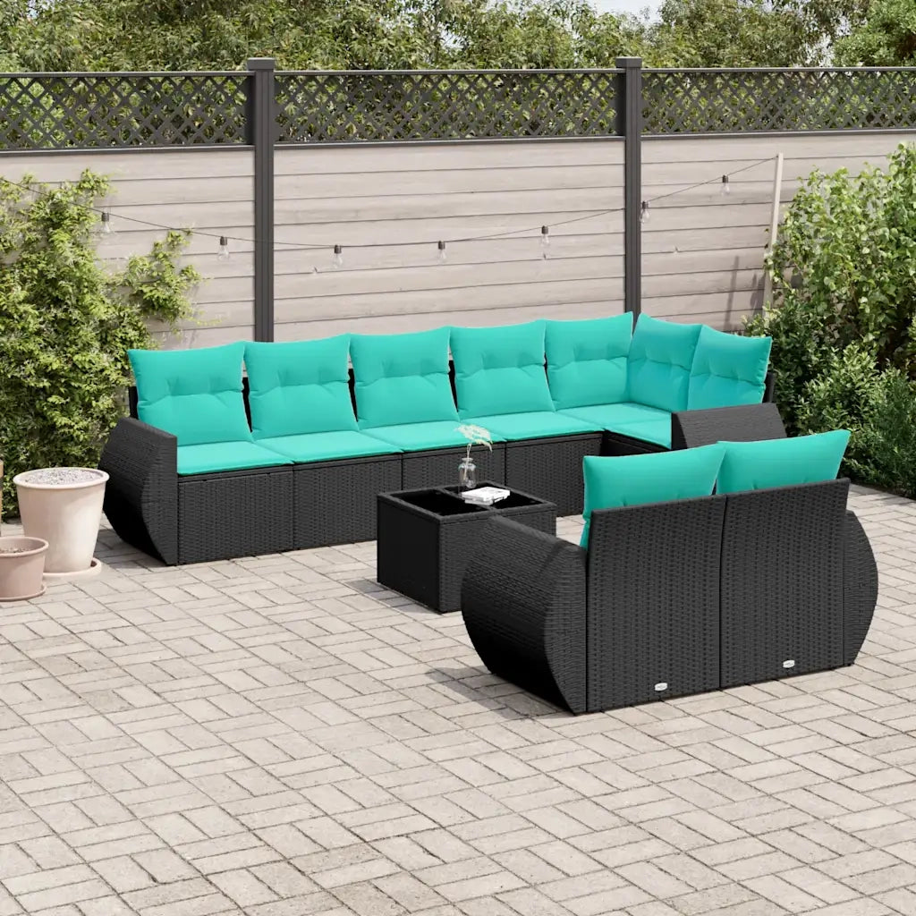 Set Divani da Giardino 9 pz con Cuscini Nero in Polyrattan 3221626