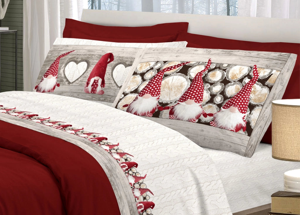 Completo Lenzuola Linea Pensieri Delicati In 100% Cotone Dis. Gnomi Rosso - Matrimoniale - Rosso