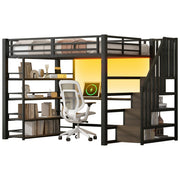 Letto a Soppalco 140x200 cm; Letto Matrimoniale - Scrivania; LED e Ripiani - in Metallo; Nero