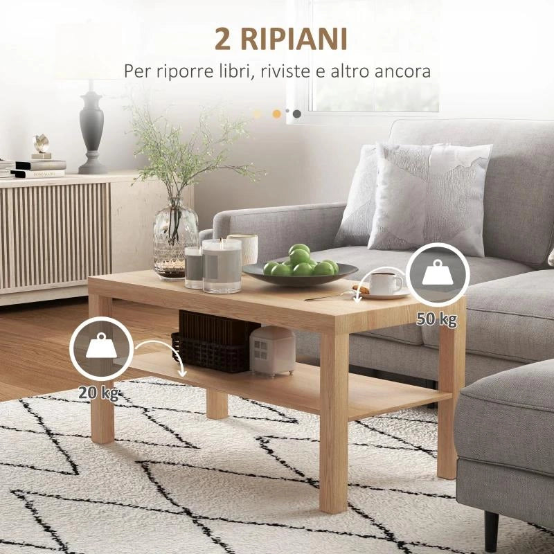 TAVOLINO DA SALOTTO RETTANGOLARE CON AMPIO RIPIANO, 90X45X44.5 CM, LEGNO NATURALE