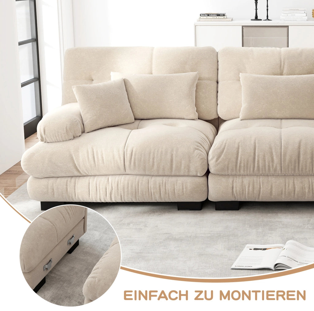 Divano modulare angolare in chenille vintage beige chiaro con pouf abbinati