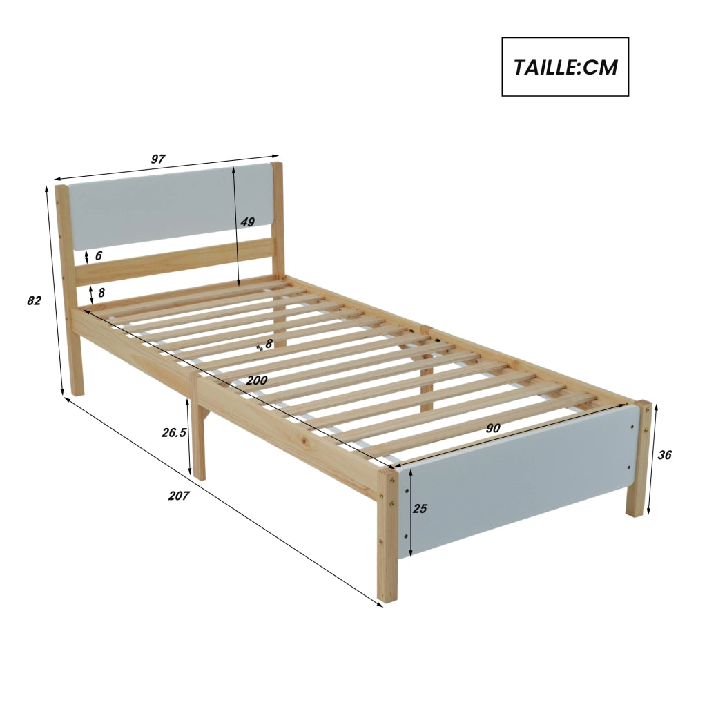 Letto Singolo 90x200 cm; con Testiera; 15 Doghe e Piedi Centrali - Legno e MDF - Bianco