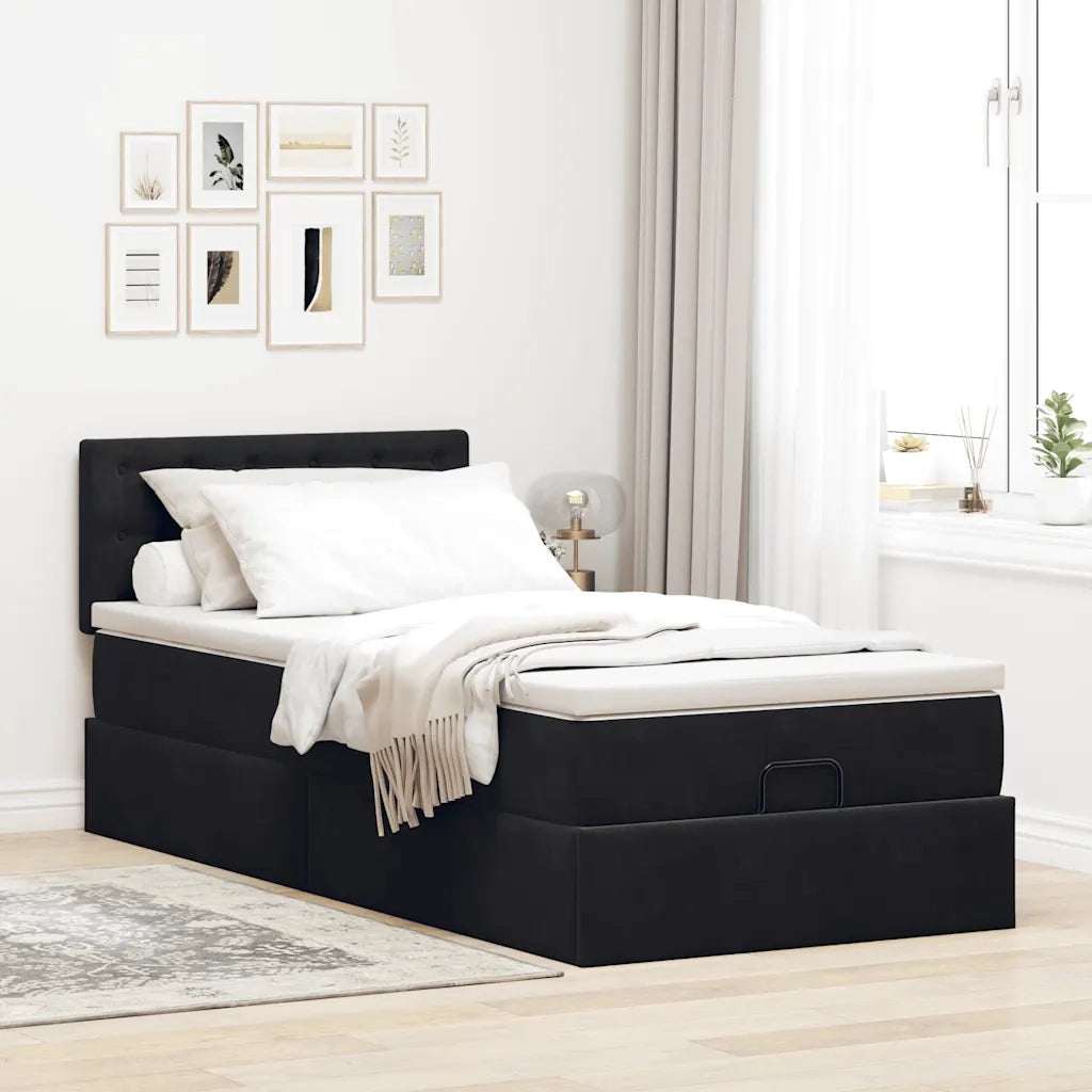 Struttura Letto Pouf con Materasso Nero 90x200 cm in Velluto 3311893