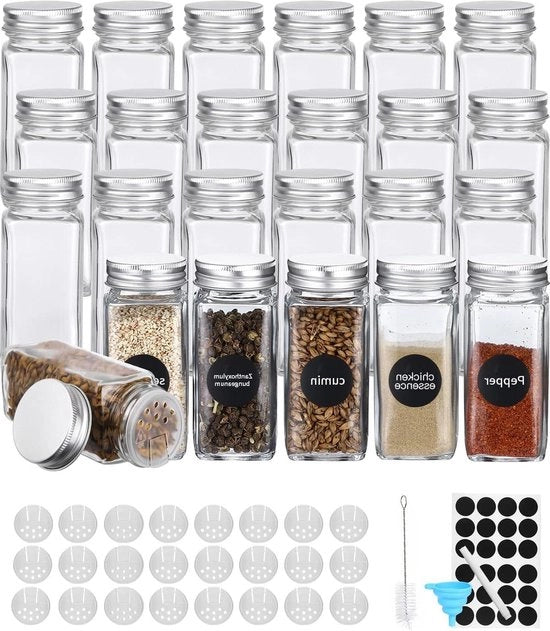 Set di contenitori quadrati per erbe da 24 - 120 ml strozzatura in vetro - compreso etichette per erbe e pennarello bianco - spazzola per pulizia e ciotola in silicone per contenitori quadrati per erbe