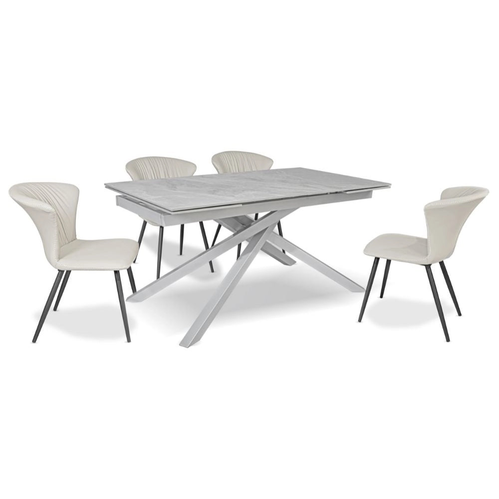 Tavolo allungabile Nefti con top in ceramica colore grigio chiaro italiano lucido con gambe argento