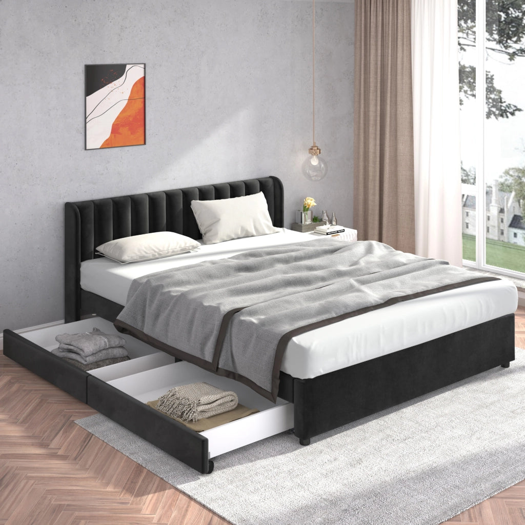 Letto matrimoniale in velluto nero 180 x 200 cm con cassetti