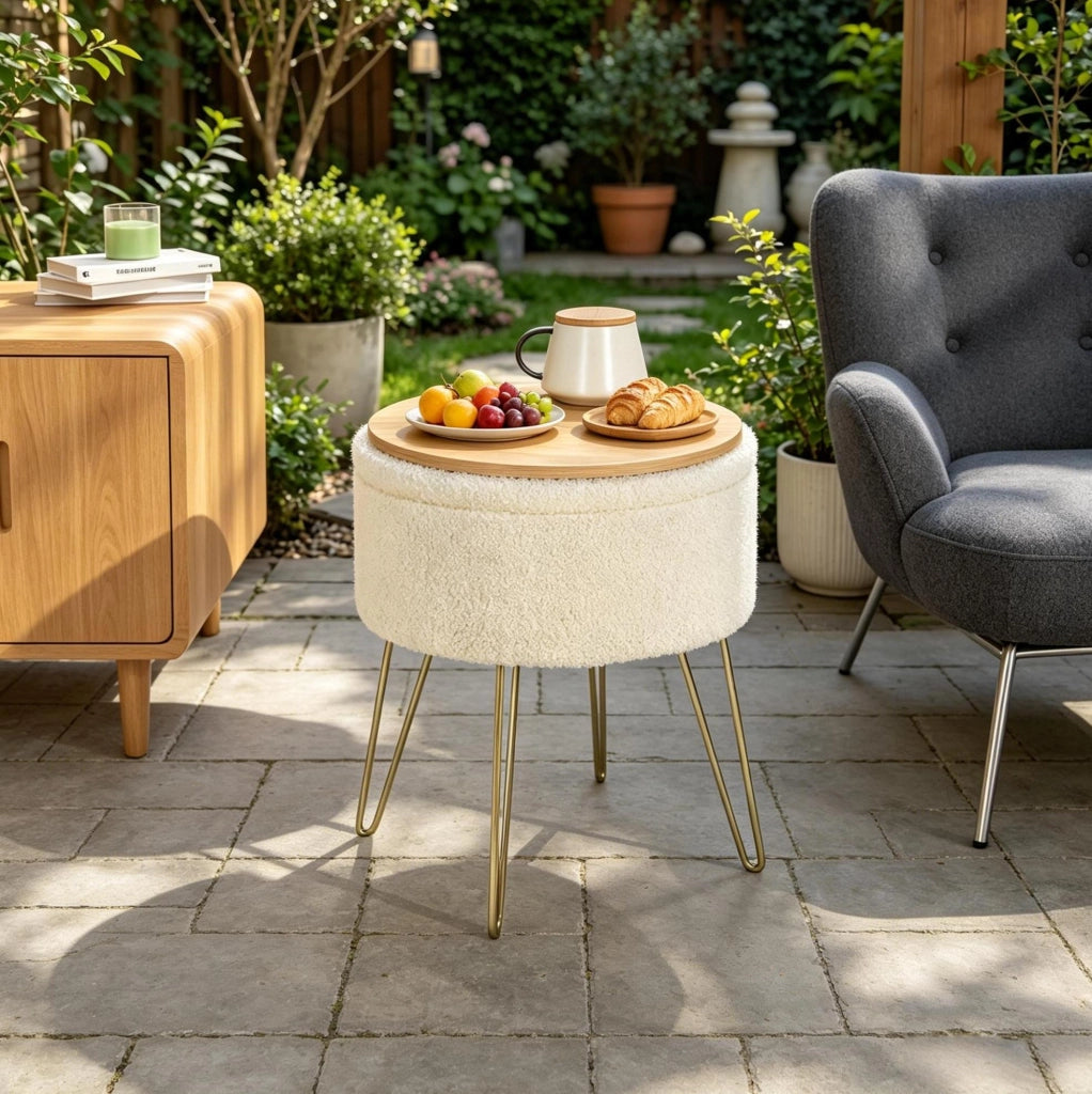 Pouf contenitore 39x39x44 cm con vassoio in MDF beige