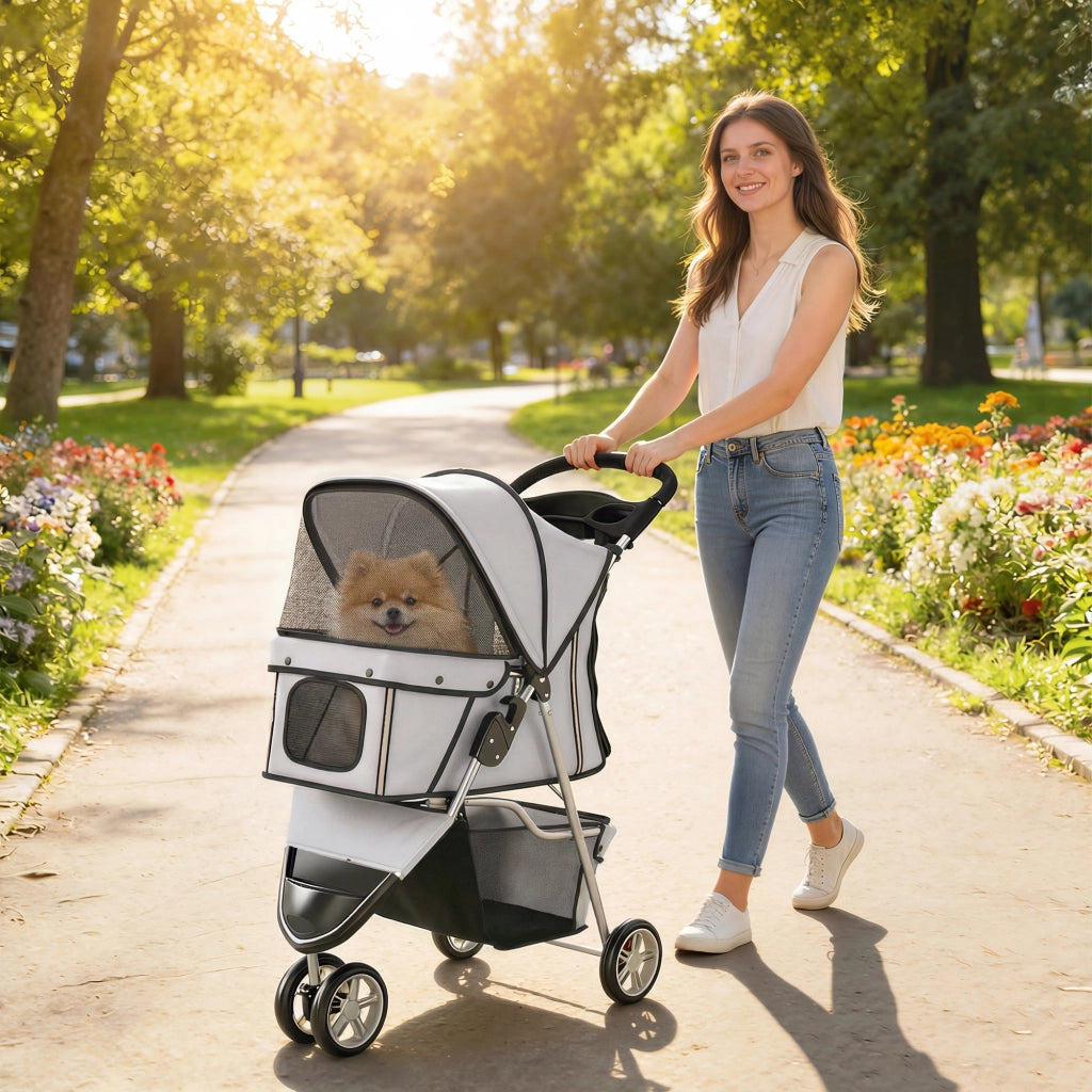 Carrello per Cani 4 Ruote Pieghevole con Coperchio Regolabile e Cestino ¨C Zephmum ¨C Grigio 77x44x102cm