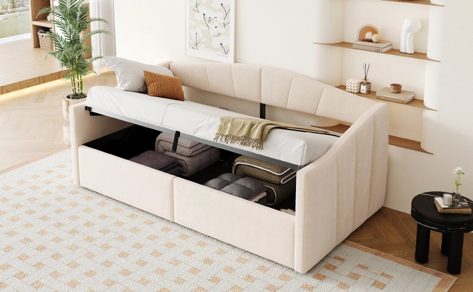 Letto sofà con contenitore in velluto beige 90x200 cm