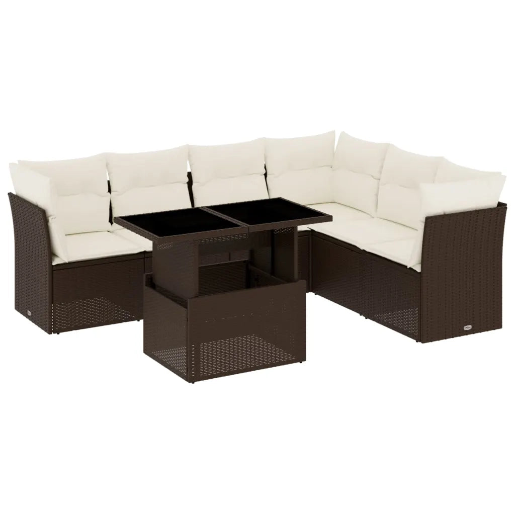 Set Divani da Giardino 7 pz con Cuscini Marrone in Polyrattan