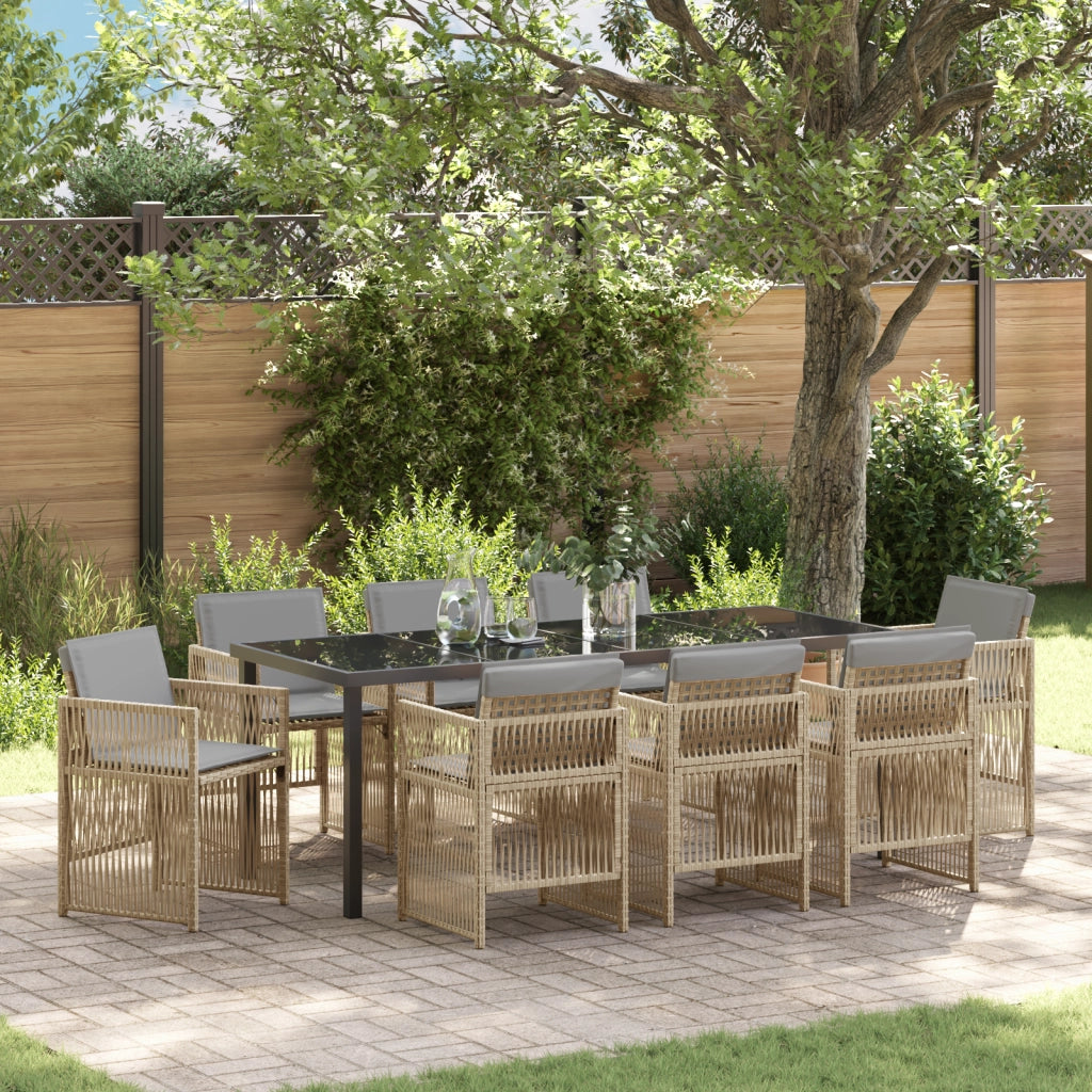 Set da Pranzo da Giardino  9 Pezzi con Cuscini Beige in Rattan Polietilene