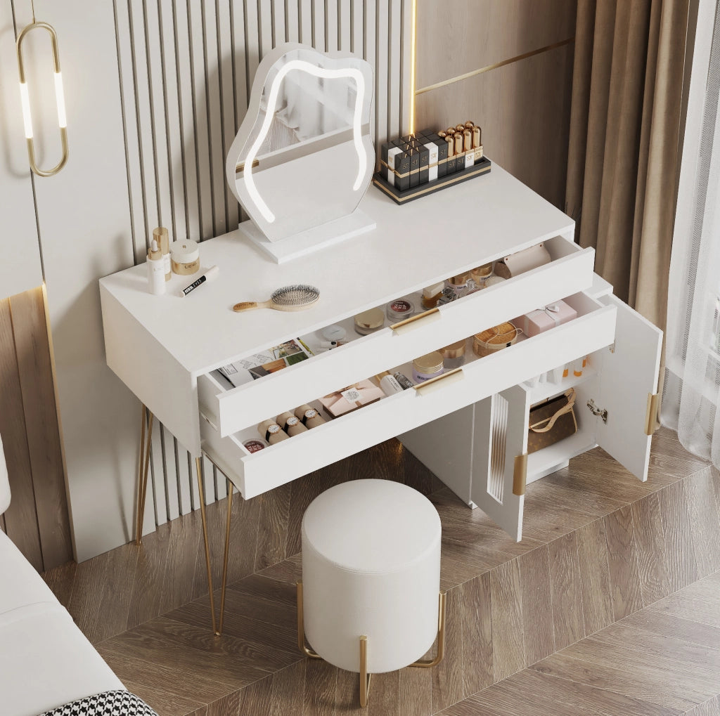 Tavolo da trucco bianco estensibile con specchio LED e 2 cassetti, 100x40x78 cm