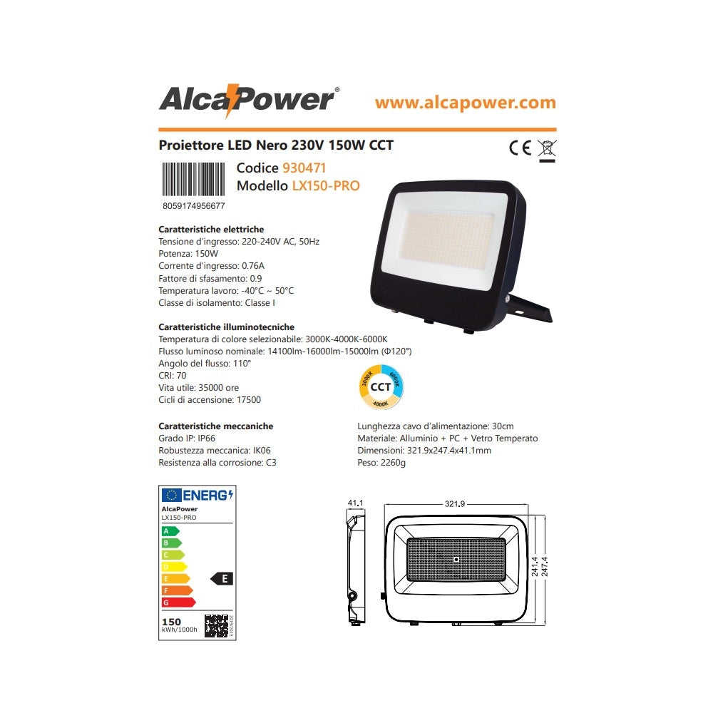 Alca power lx150-pro proiettore led da 150w a 220-240v temperatura di colore e flusso luminoso regolabile