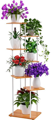 Pianta a 7 livelli in legno, rete metallica per fiori, 130 cm, supporto per piante a più livelli, scala interna e esterna per più piante, supporto per fiori per giardino, terrazzo, balcone, decorazione, salotto, ufficio, bianco