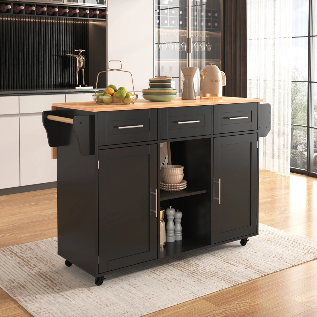 Carrello cucina multifunzionale 139x46(71)x91,5 cm con piano ribaltabile, 3 cassetti, 3 vani e ruote, nero/naturale