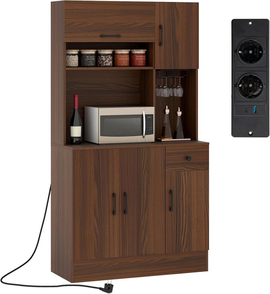 Credenza Alta da Cucina con 5 Ante e Cassetto, Armadio Dispensa da Cucina con Presa Elettrica, Mobile Cucina con Ripiani Regolabili per Sala da Pranzo e Soggiorno, 90 x 39 x 167 cm (Noce)