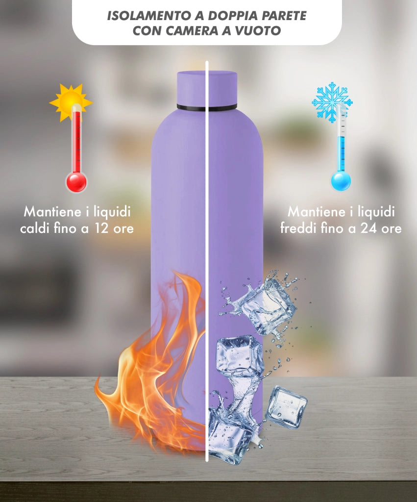 Borraccia Termica 1 Litro Bottiglia Acciaio Inox Inossidabile Doppio Strato 1000 Ml Tappo Antigoccia Doppia Camera Bevande Calde Fredde Termos Sistema Sottovuoto Rivestimento Soft Touch  - Lilla