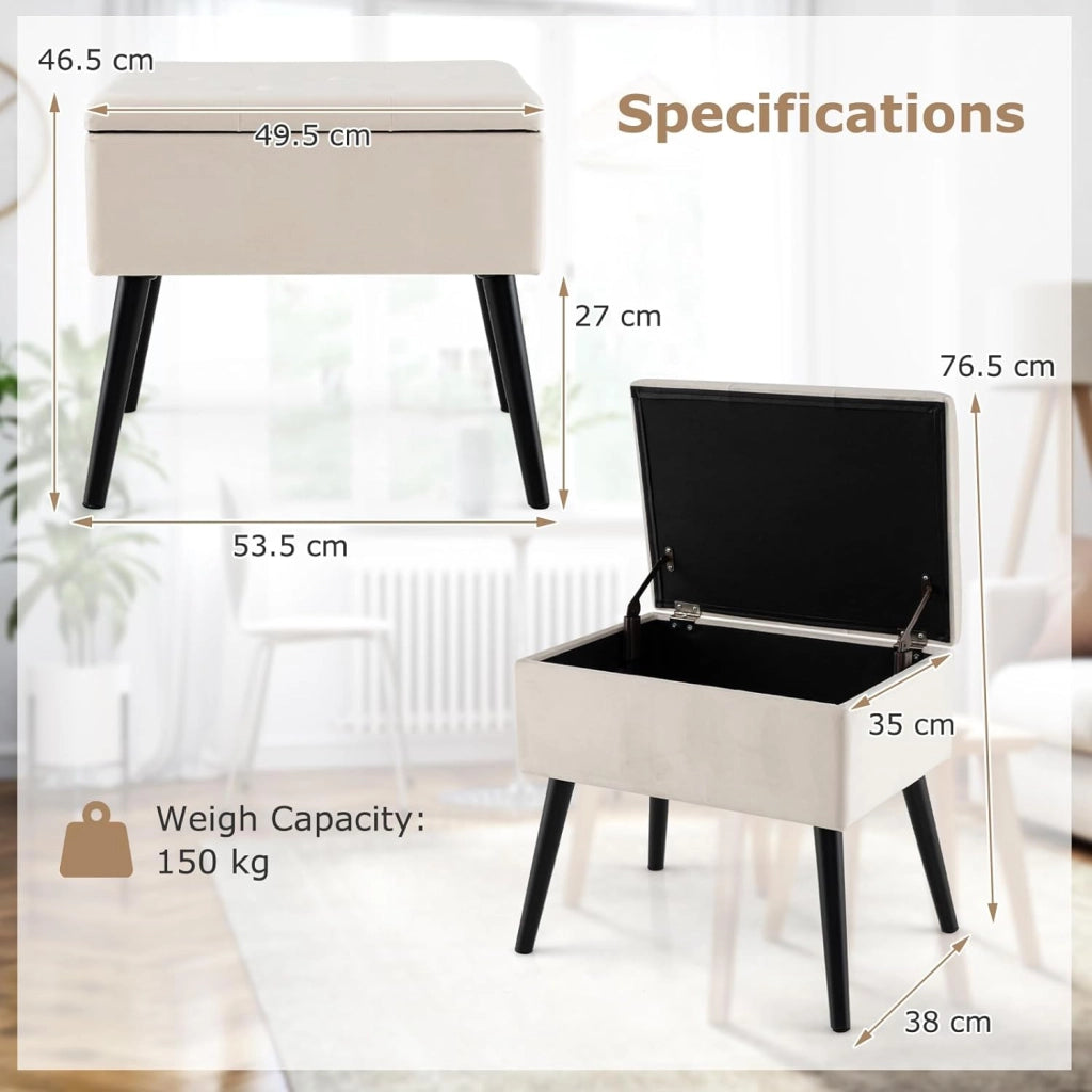 Sgabello in Velluto con Contenitore, Poggiapiedi per Soggiorno con Gambe in Legno Massello, Coperchio Ribaltabile, Sgabello per Cambiare Scarpe all’Ingresso (Beige)