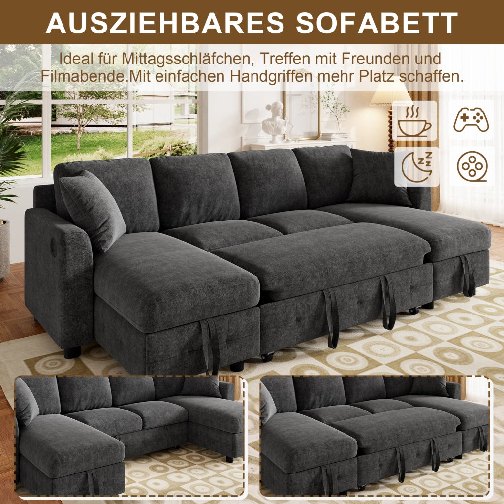 Divano angolare convertibile in chenille con funzione letto, contenitore, USB e tipo C, grigio scuro 260 × 128 × 82 cm