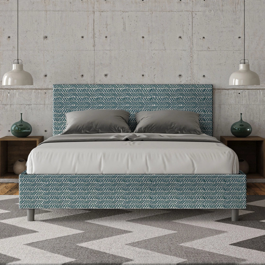 Letto Matrimoniale 160x200 cm con Rete e Contenitore Giroletto con Alzata Comoda Imbottito in Tessuto Aragona Adele Blu