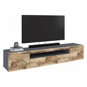 Mobile da soggiorno Porta Artropodi, Made in Italy, Credenza per Artropodi in stile industrial a 3 ante, cm 200x40h37, Ardesia e Acero, con luce LED blu