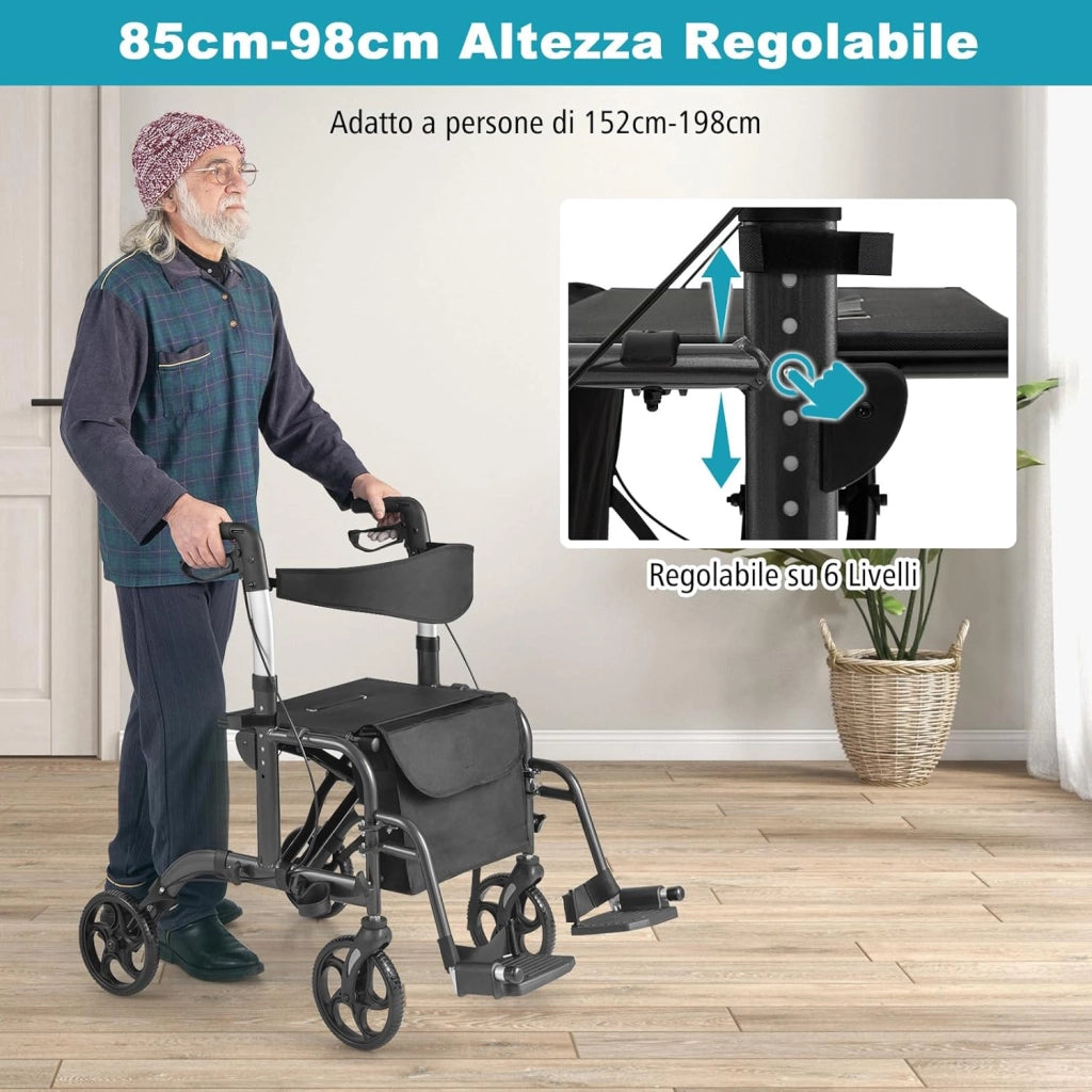 Deambulatore Multiuso 2 in 1, Deambulatore per Anziani in Alluminio con Altezza Regolabile a 6 Livelli, Poggiapiedi Pieghevole (Nero)