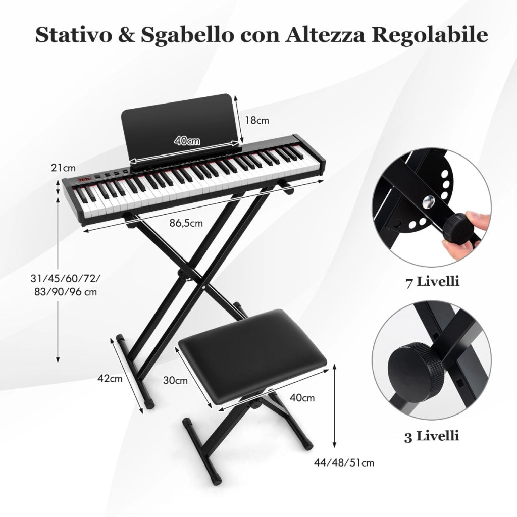 Piano elettronico portatile a 61 tasti semi-pesati con supporto e sgabello, Set completo di pianoforte digitale-Tastiere elettriche