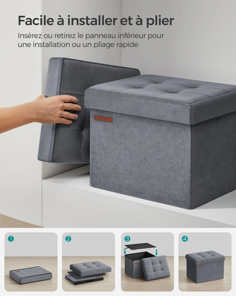 Panca/contenitore pieghevole in velluto con poggiapiedi e coperchio 31 x 41 x 31 cm capacità di carico 130 kg per ingresso/soggiorno grigio 12_0004136