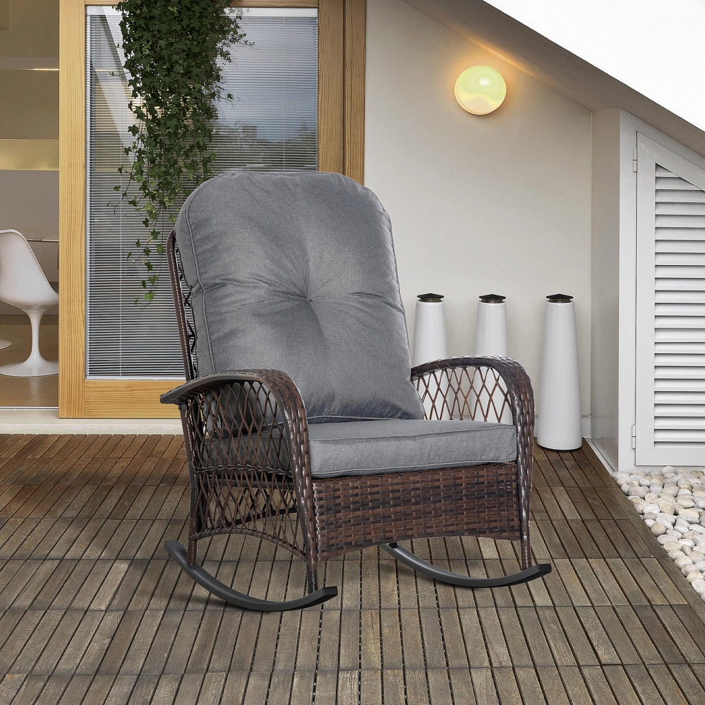 Poltrona a dondolo in PE-rattan con cuscino e bottoni ¨C Xylo ¨C struttura in acciaio marrone-grigio