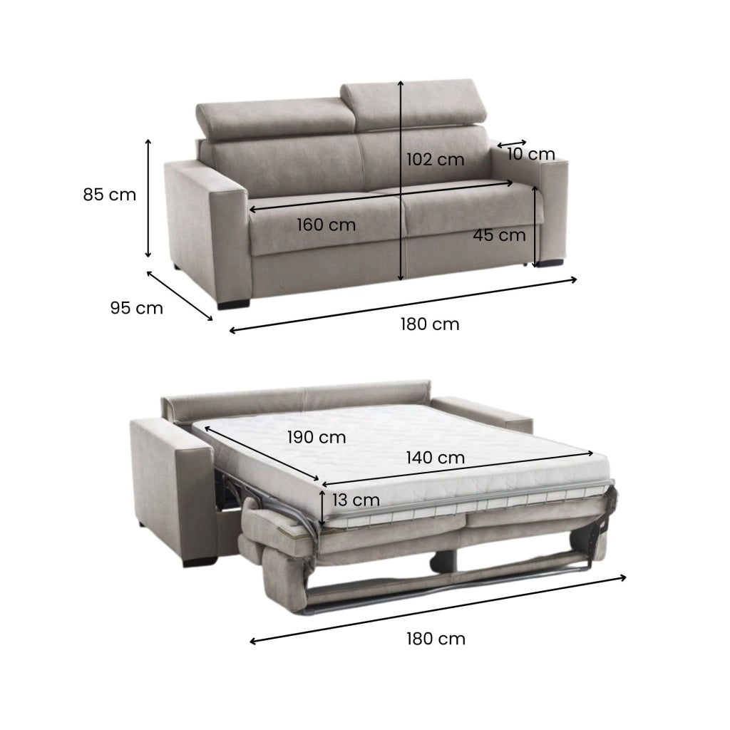 Aieie, Divano Letto 2 Posti Sfoderabile Made in Italy, 180x95 cm Grigio Tortora