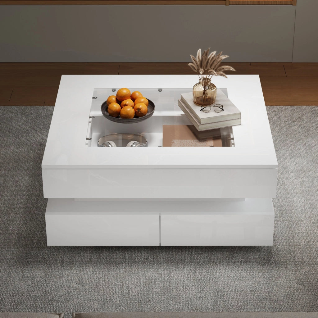 Tavolino da caffè 70x70x35 cm con illuminazione LED; 3 cassetti; vetro e pannello truciolare bianco