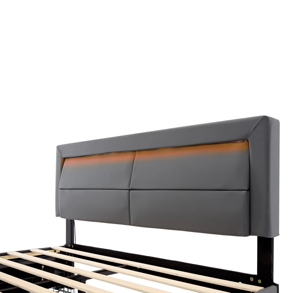 DESMIU Lit imbottito 140 × 190 cm 2 posti con USB, LED, 4 cassetti, senza materasso, in PU, grigio