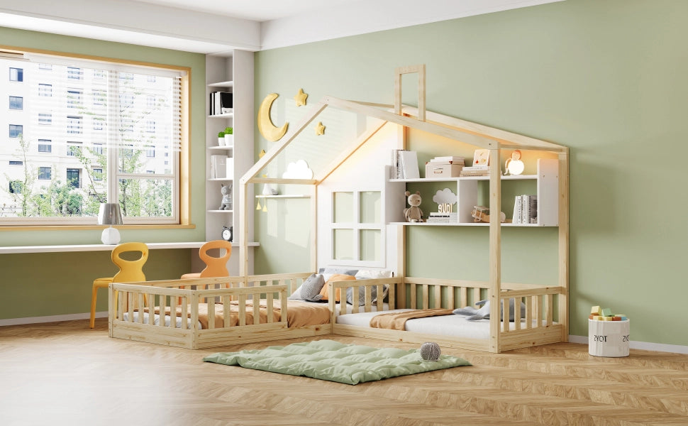 Letto per bambini a forma di casa con LED e scaffali, 90x200 cm, legno