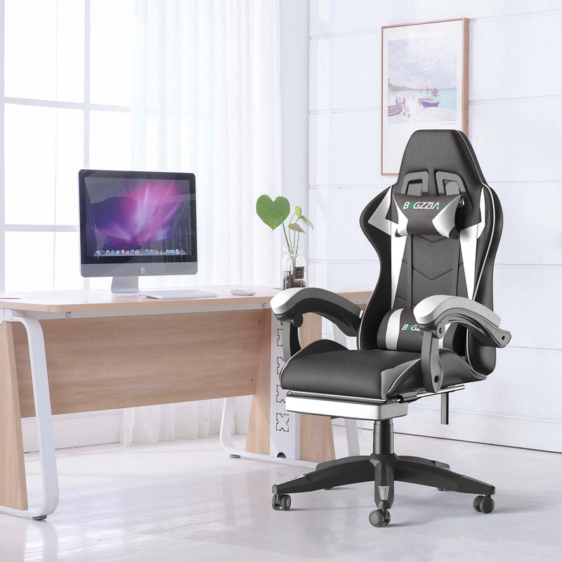 Sedia da gioco,sedia da gioco ergonomica  in similpelle, altezza regolabile,con poggiatesta e supporto lombare, poggiapiedi, nero e bianco