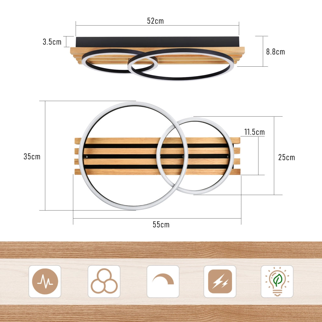 ZMH Lampada da soffitto LED in legno dimmerabile 55 cm 36W 2 anelli design geometrico telecomando per camera letto