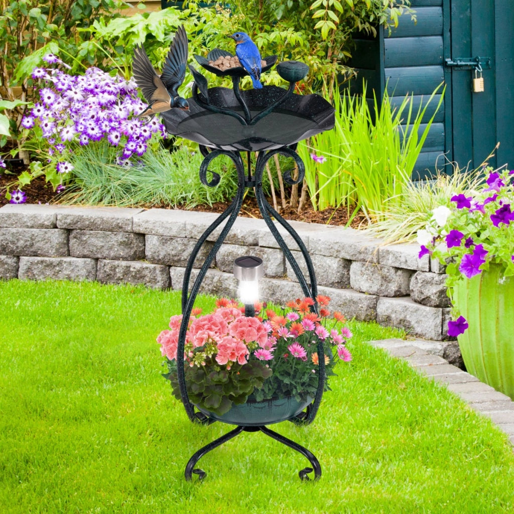 Vaschetta e mangiatoia vintage con piedistallo e luci solari per uccelli da giardino, Mangiatoia solare per uccelli da esterno Bronzo-Altri animali