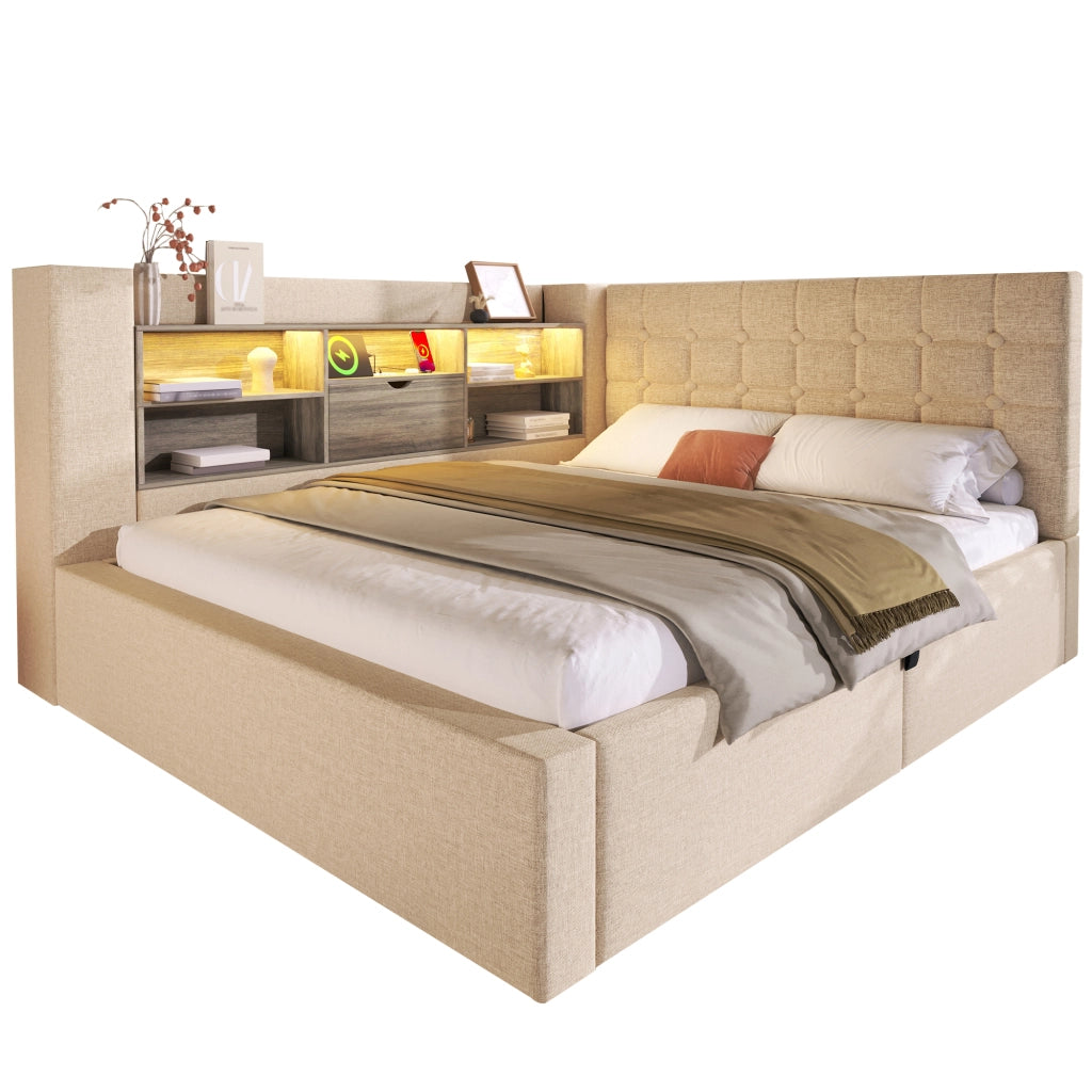Letto imbottito idraulico con illuminazione a LED 140x200 cm colore beige lino