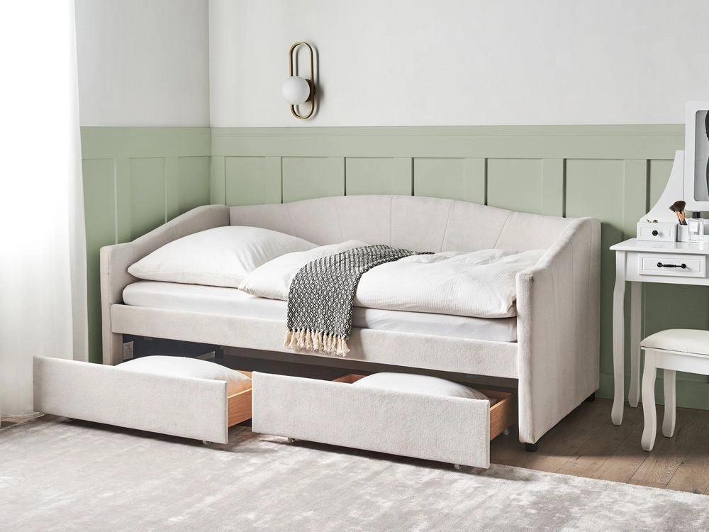 Letto da giorno Dimensioni singole Imbottitura in poliestere Struttura a doghe Cassetti in legno compensato di eucalipto beige chiaro Camera da letto moderna