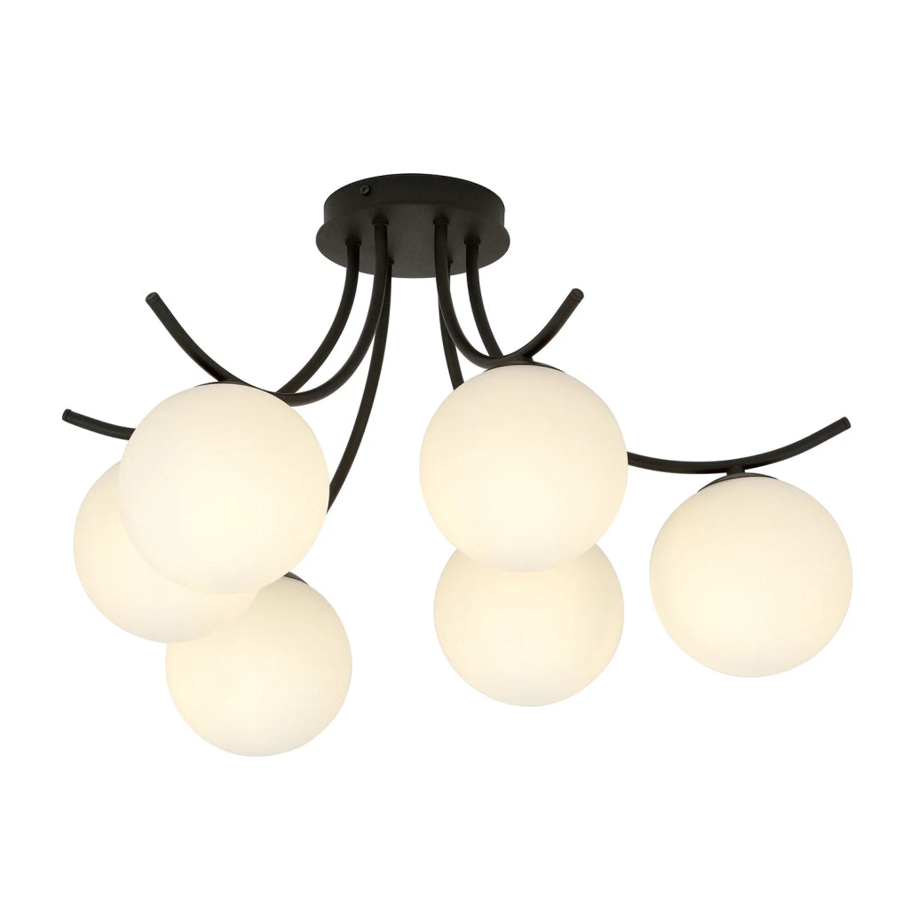 Plafoniera Moderna 6 Luci Coeo In Acciaio Nero E Diffusori In Vetro Opale