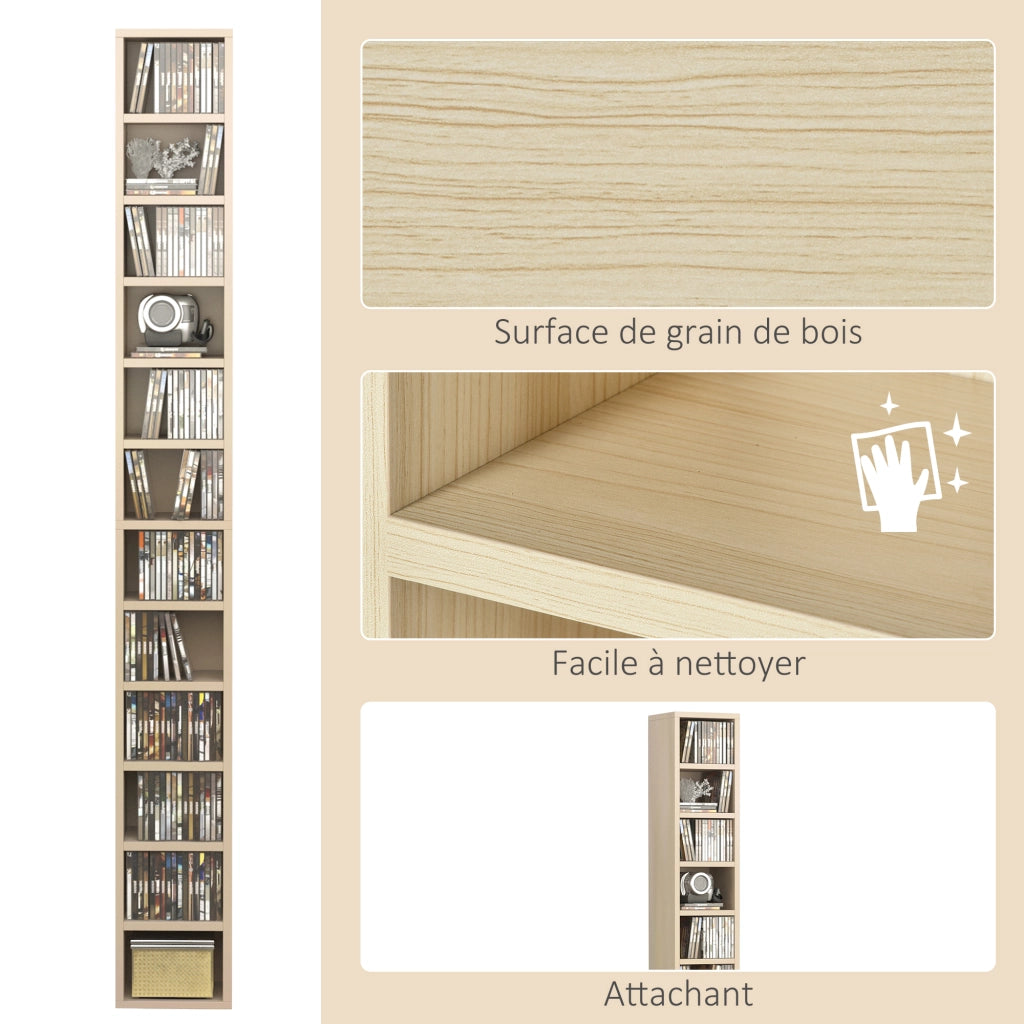 Libreria per CD e DVD con 12 scomparti ¨C zephmum ¨C 21x20x175 cm legno naturale