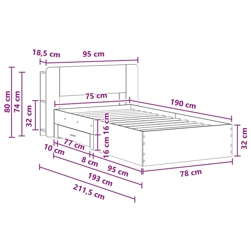 Telaio del letto con storage Sonoma grigio 75 x 190 cm