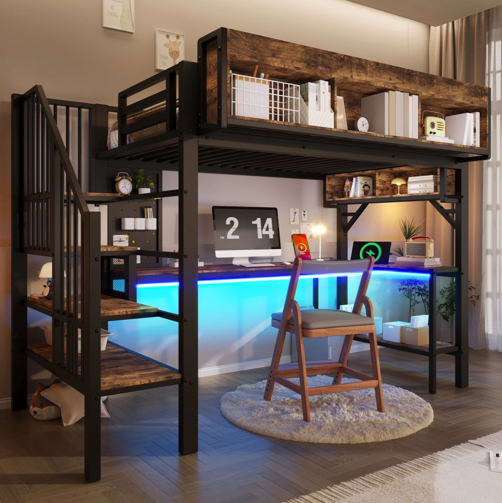 Letto a soppalco 90x200 cm con scrivania, LED e prese USB-C