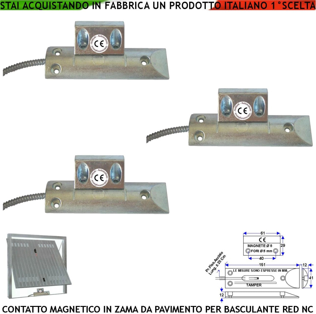 Sensori Magnetici in Alluminio da Pavimento 3 Pezzi Allarme Porte Ferro Contatto Reed NC Sensibilità 25 mm Con Fori Fissaggio Tensione Max 30 V 10 W Carico Resistivo 4 Fili 2 NC e 2 Tamper Prot. IP65