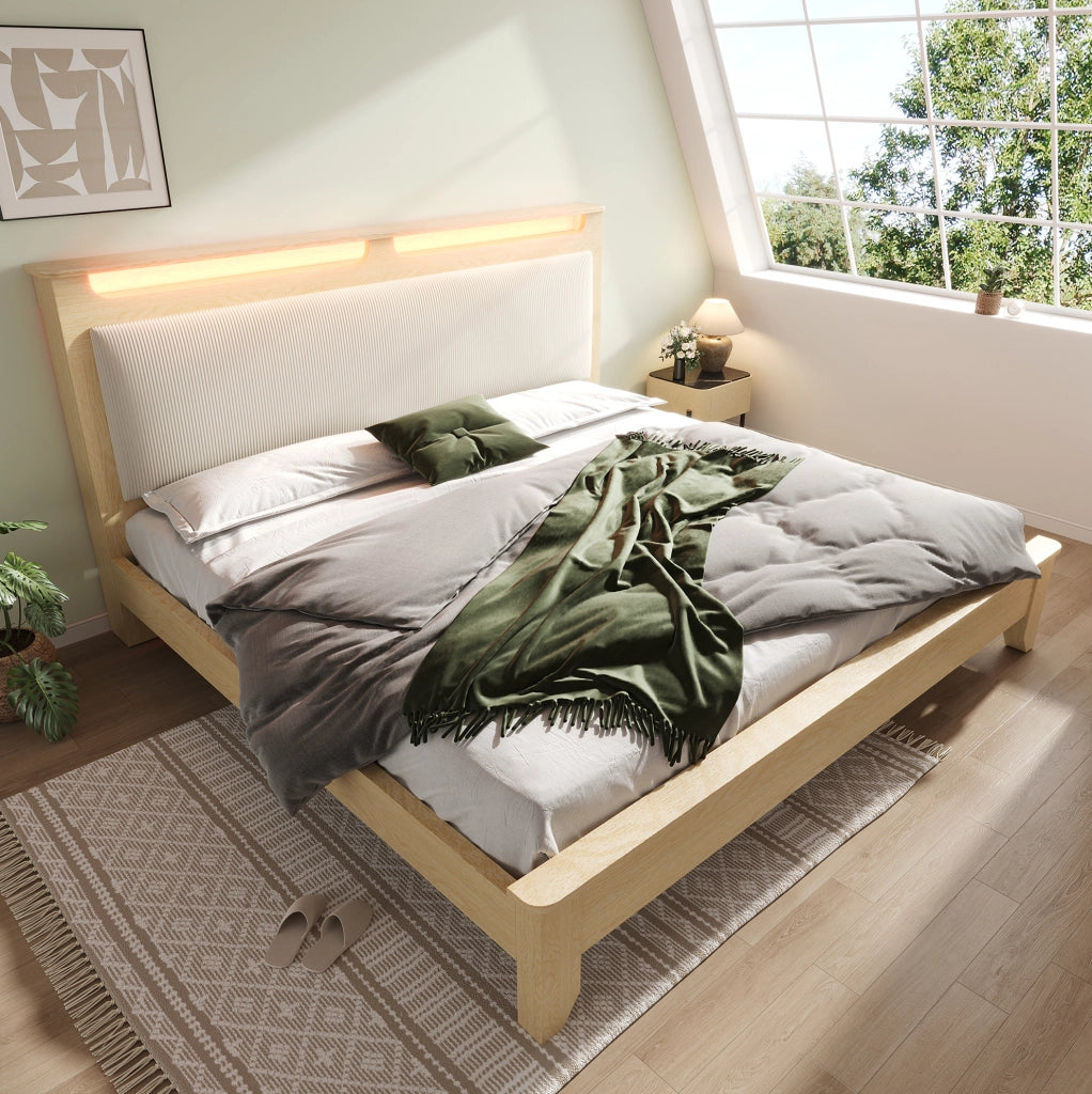Letto matrimoniale 140x200 cm in legno effetto rovere chiaro con testiera imbottita in corda beige e LED