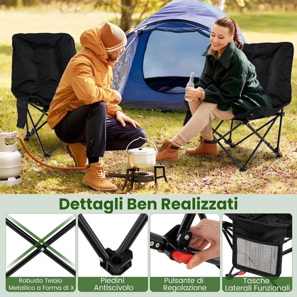 Sedia da Campeggio Portatile, Sedia Pieghevole Imbottita con Schienale Regolabile e Tasca Laterale, Seduta da Giardino in Metallo con Borsa da Trasporto, Portata 150 kg